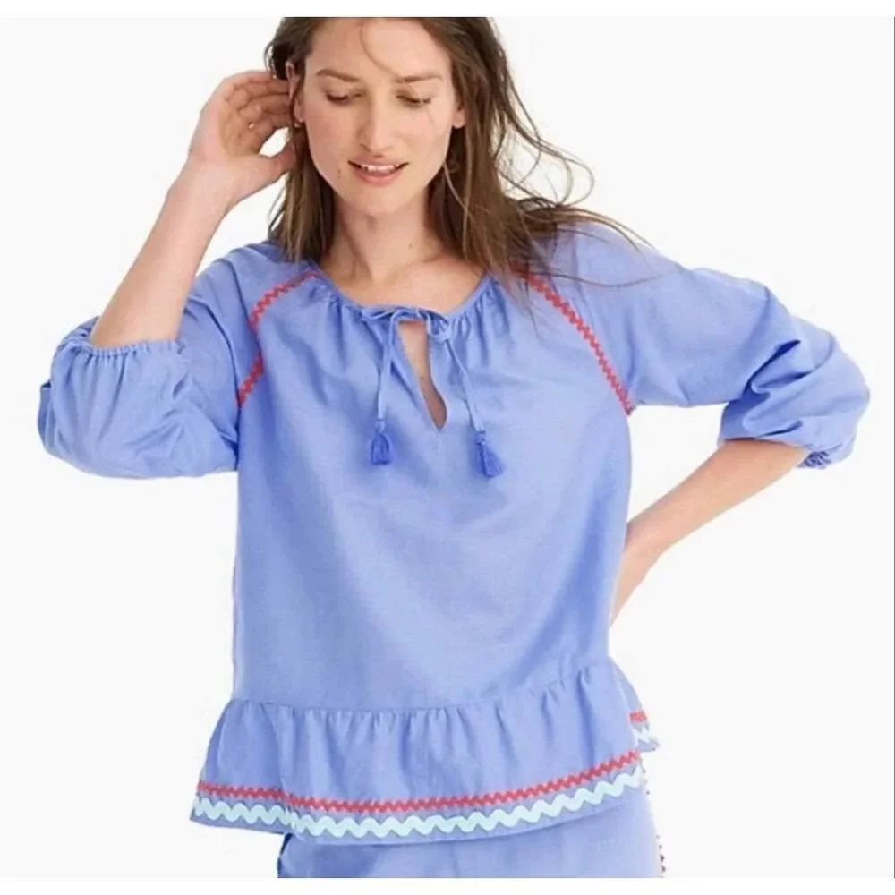 J.Crew blue linen ric rac ruffled tie neck blouse size small
